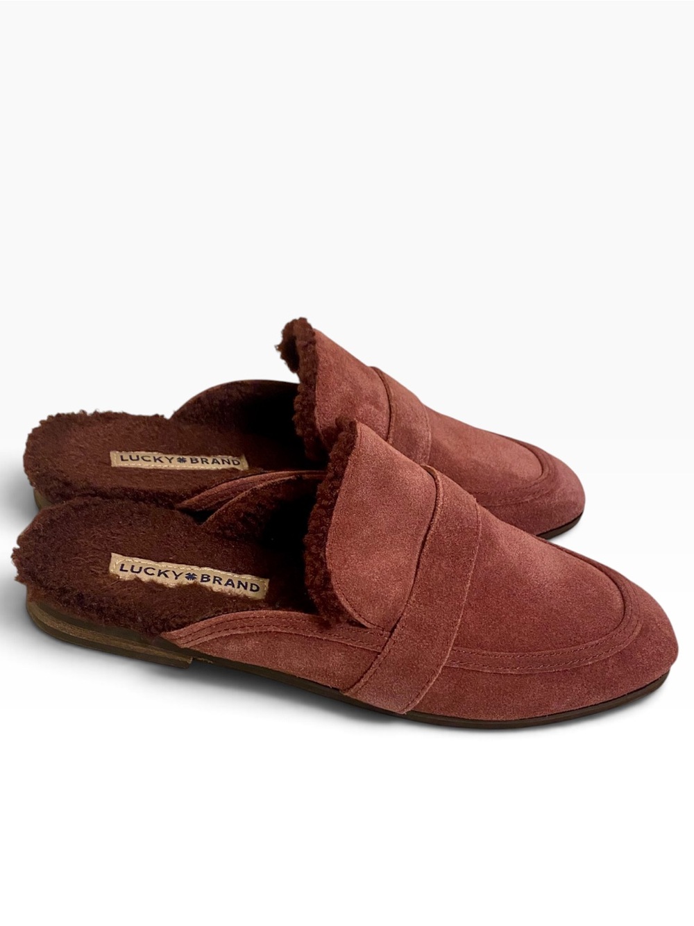 LUCKY BRAND CLAY ROSE FAUX FUR SUEDE MULES BURGUNDY SLIP-ON SHOES SIZE 8.5 CUTE